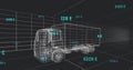 Rotating wireframe semi-trailer truck model floating in grid, displaying turquoise currency values Royalty Free Stock Photo
