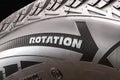 Rotation-arrow indicating the rolling direction of the tire to properly install the wheel on the car. the designation on the