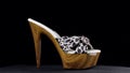 Rotation, high heel clogs. Leopard high heel shoes on black background.