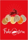 Rote Frohe Ostern Karte mit HÃ¤schen und bunten Eiern - Red german Happy Easter card