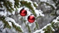 Rote Kugeln leuchten am Weihnachtsbaum im Schnee