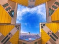 Roterrdam - Black, The Netherlands - December 01, 2019: View from below on the famous cube house designed by architect Piet Blom