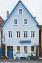 A traditional blue house in the old town of Rothenburg ob der Tauber in Germany