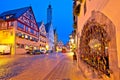 Rothenburg ob der Tauber. German street architecture of medieval German town of Rothenburg ob der Tauber evening view