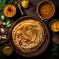 Roti canai and other condiment Flat lay of Generative AI