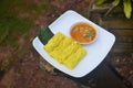 Roti jala or net bread with chicken curry gravy sauce on blurred background Royalty Free Stock Photo