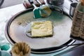 Roti Making, roti thresh flour by roti maker with oil. Indian traditional street food. Thai Pancake Banana And Egg . Royalty Free Stock Photo