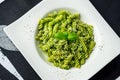 Rotini pesto pasta top view.