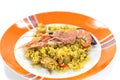 Rotisserie prepared Valencian paella risotto with sea fish