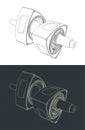 Rotors and eccentric shaft of a rotary engine isometric blueprints Royalty Free Stock Photo