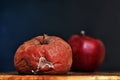 A Rotten Apple in the Foreground, A Fresh Apple Out of Focus In The Background. Good vs Bad. Antithesis Concept. Dark Background Royalty Free Stock Photo