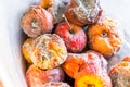 Rotten apples of different colors close-up