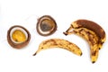 Rotten bananas and coconut. Wasted tropical food rotting with fungus.