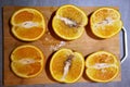 Rotten inside orange. Mold on fruit pulp. Spoiled orange on chopping board. Rottening fruit gradient. Cut in halves