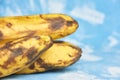 Rotten part bananas on a blue background. closeup