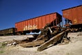 Rotten railroad ties and box cars Royalty Free Stock Photo