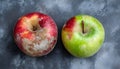 Rotten red and green apple with mold decay fruit Royalty Free Stock Photo