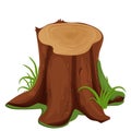 Rotten stump of tree with moss and grass in cartoon style isolated on white background. Detailed drawing with root, wood Royalty Free Stock Photo