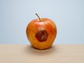 Rotten to the core, bruised apple on wood table