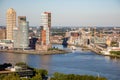 Rotterdam Netherlands cityscape and Erasmus bridge. Aerial view from Euromast tower, sunny day Royalty Free Stock Photo