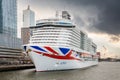 Rotterdam Cruise Terminal with stunning P&O Iona British new cruise ship moored, Netherlands Royalty Free Stock Photo