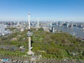 Rotterdam Euromast high panorama observation tower cityscape and Erasmus brug in the background. tourist attraction