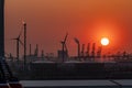 The Rotterdam harbour during sunset - Netherlands Royalty Free Stock Photo