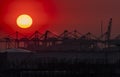 The Rotterdam harbour during sunset - Netherlands Royalty Free Stock Photo