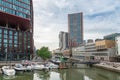 Rotterdam, Holland - September 26th 2023: Detail of Havensteder Tower and Old Port with bicycles