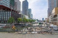 Rotterdam, Holland - September 26th 2023: Detail of Havensteder Tower and Old Port with bicycles