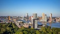 Rotterdam Netherlands cityscape and Erasmus bridge. Aerial view from Euromast tower, sunny day Royalty Free Stock Photo