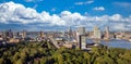 Rotterdam Netherlands cityscape and Erasmus bridge. Panoramic view from Euromast tower, sunny day Royalty Free Stock Photo