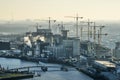 Construction cranes, bridge and grain silo