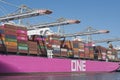 One Minato kobe a large japanese pink container ship lying in the harbour of Rotterdam