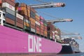 One Minato kobe a large japanese pink container ship lying in the harbour of Rotterdam