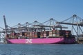 One Minato kobe a large japanese pink container ship lying in the harbour of Rotterdam