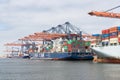 Container terminal in Dutch harbor Rotterdam with cargo ships moored