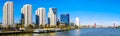 Panorama of Modern high rise condominiums and office high rise buildings at the Boompjeskade along the Nieuwe Maas in Rotterdam