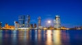 Rotterdam, Netherlands. View of the city center. Cove and pier for boats and ships. Panoramic view. Cityscape in the evening.