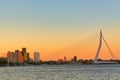 Rotterdam panorama. Erasmus bridge over the river Meuse with skyscrapers in Rotterdam, South Holland, Netherlands during twilight