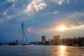 Rotterdam skyline cityscape with Erasmusbrug bridge over Nieuwe Maas in contre-jur on sunse, Netherlands.