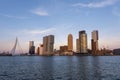 Rotterdam Skyline with Erasmusbrug bridge at sunset in morning in Rotterdam, Netherlands Royalty Free Stock Photo