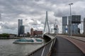 Rotterdam, South Holland, The Netherlands - Cycling road at the Erasmus bridge with business buildings in the background