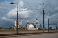 Rotterdam, South Holland, The Netherlands - Road and tramway tracks with the Essalam mosque
