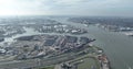 Rotterdam, Zuid Holland, The Netherlands, March 9th, 2024: Nieuwe Maas, Benelux tunnel, port of Rotterdam aerial drone