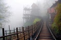 rotting wooden roller coaster in fog