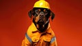 Rottweiler Dog Dressed As A Builder On Orange Color Background