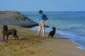 The Rottweiler dog and her mistress in the water