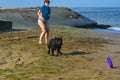 The Rottweiler dog and her mistress in the water