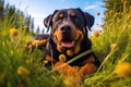 Rottweiler Dog Lies In The Beautiful Grass. Generative AI